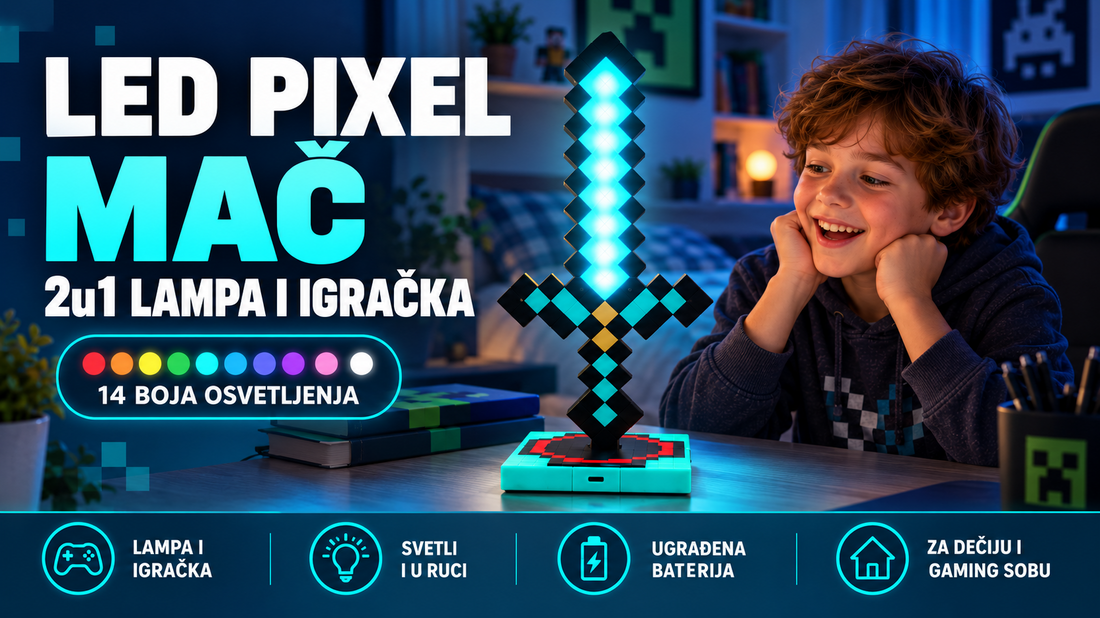 LED Pixel mač sa postoljem, 14 boja osvetljenja i ugrađenom baterijom u dečijoj gaming sobi