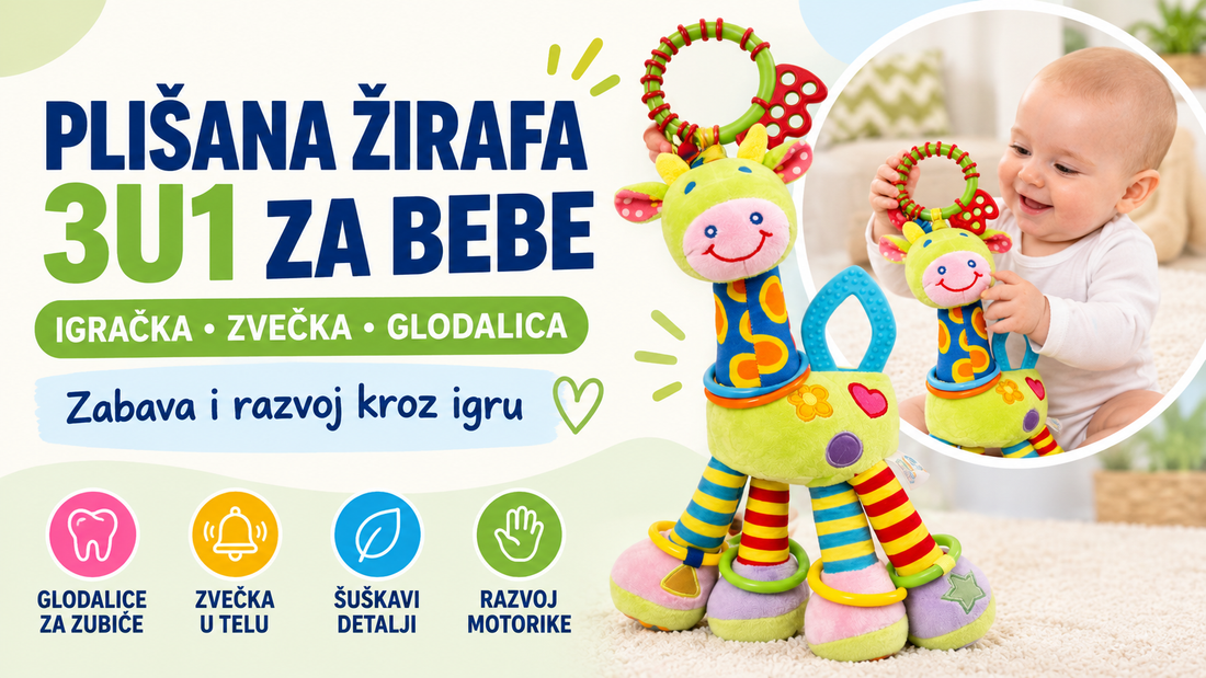 Plišana žirafa 3u1 za bebe sa zvečkom, glodalicama i šuškavim detaljima za razvoj motorike kroz igru