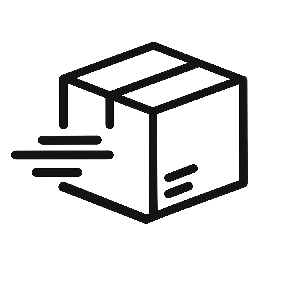 Crna ikonica kutije u pokretu sa linijama brzine, koja označava besplatnu dostavu za porudžbine preko 7.500 dinara.