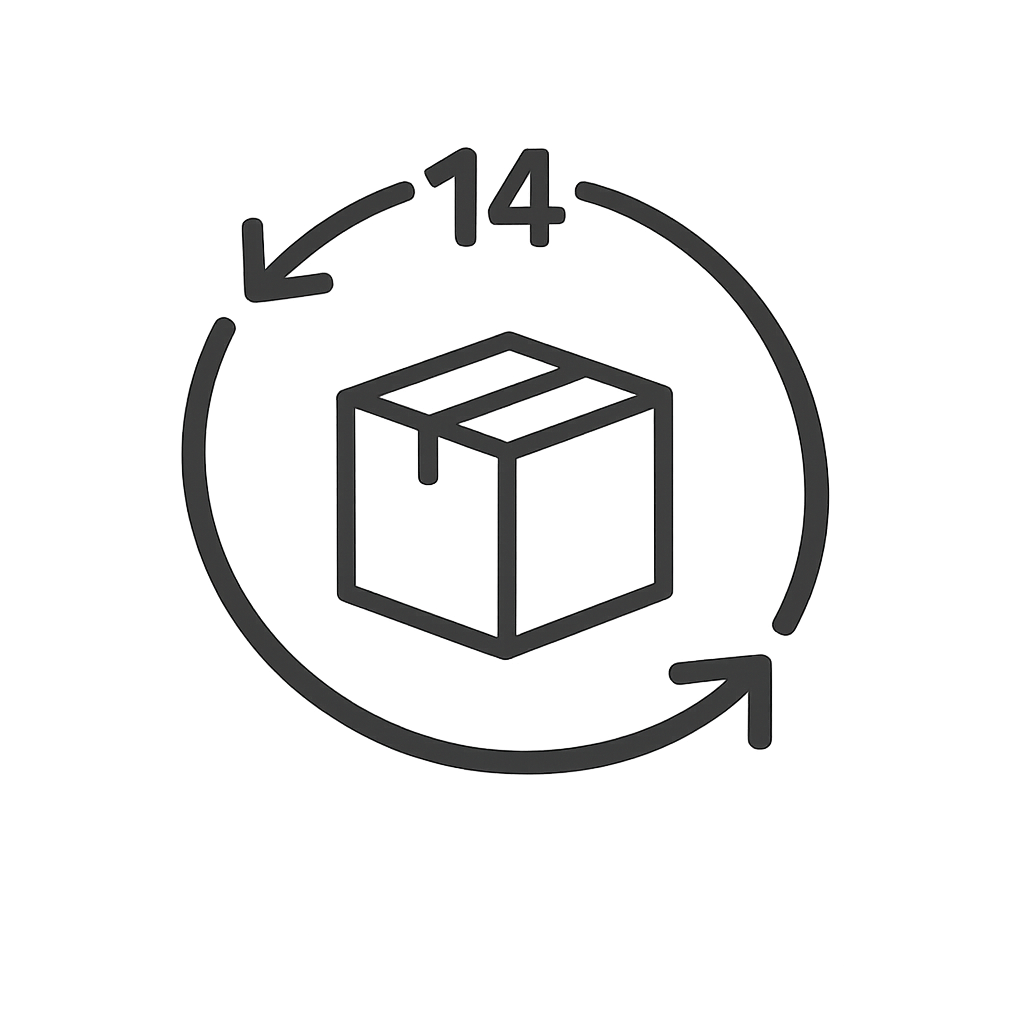 Ikonica kutije sa kružnim strelicama i brojem 14, koja označava mogućnost povrata proizvoda u roku od 14 dana.